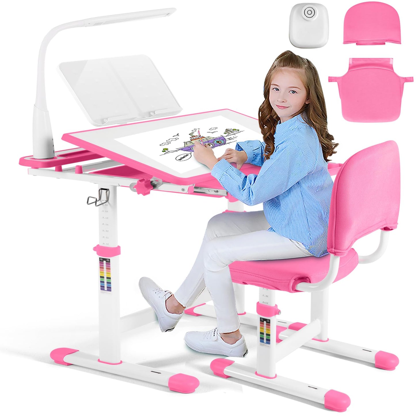 Artist hand Kids Study Table and Chair Set, Adjustable Girls School Writing Study Table