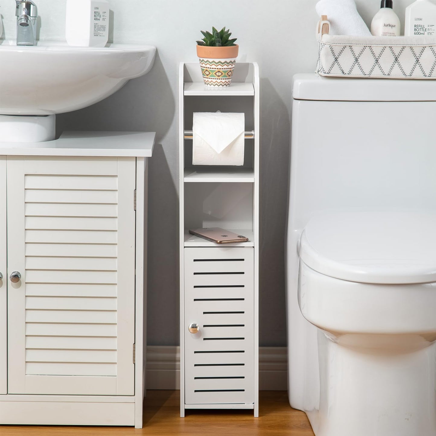 Soporte para papel higiénico: mueble de almacenamiento para baño junto al inodoro para espacios pequeños con soporte para rollo de papel higiénico - Blanco de AOJEZOR by AOJEZOR