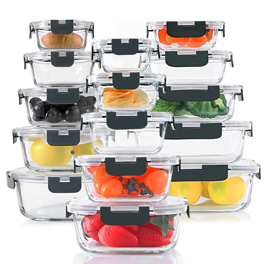 30 Pieces Glass Food Storage Containers Set, Glass Meal Prep Containers Set with Snap Locking Lids, Airtight Glass lunch Containers, BPA-Free, Microwave, Oven, Freezer & Dishwasher Friendly,Gray