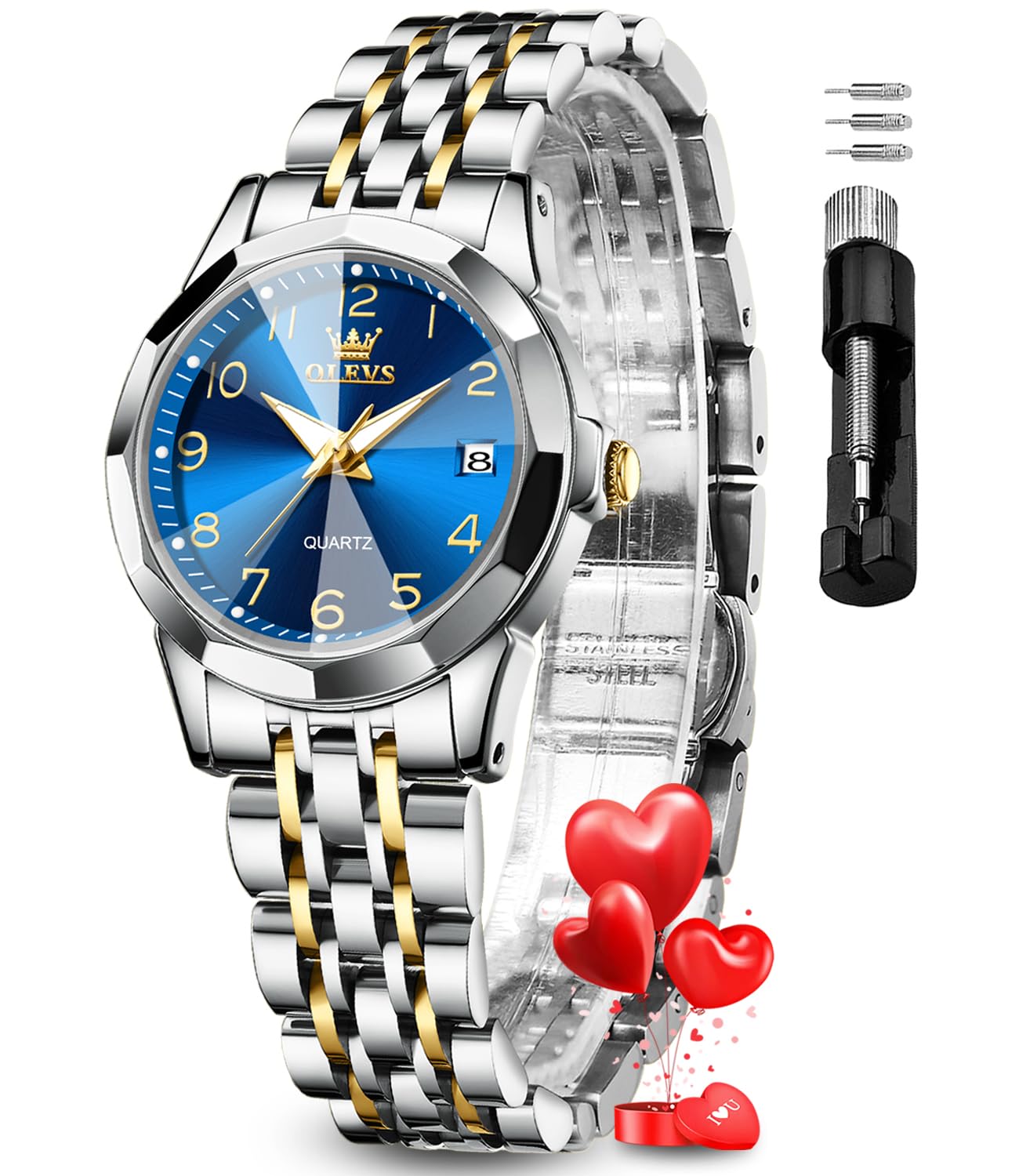 OLEVS Reloj de mujer azul de moda con diamantes para vestir, relojes para mujer, analógico, de cuarzo, plateado, de acero inoxidable, resistente al agua, luminoso, con fecha y día, reloj de pulsera de dos tonos