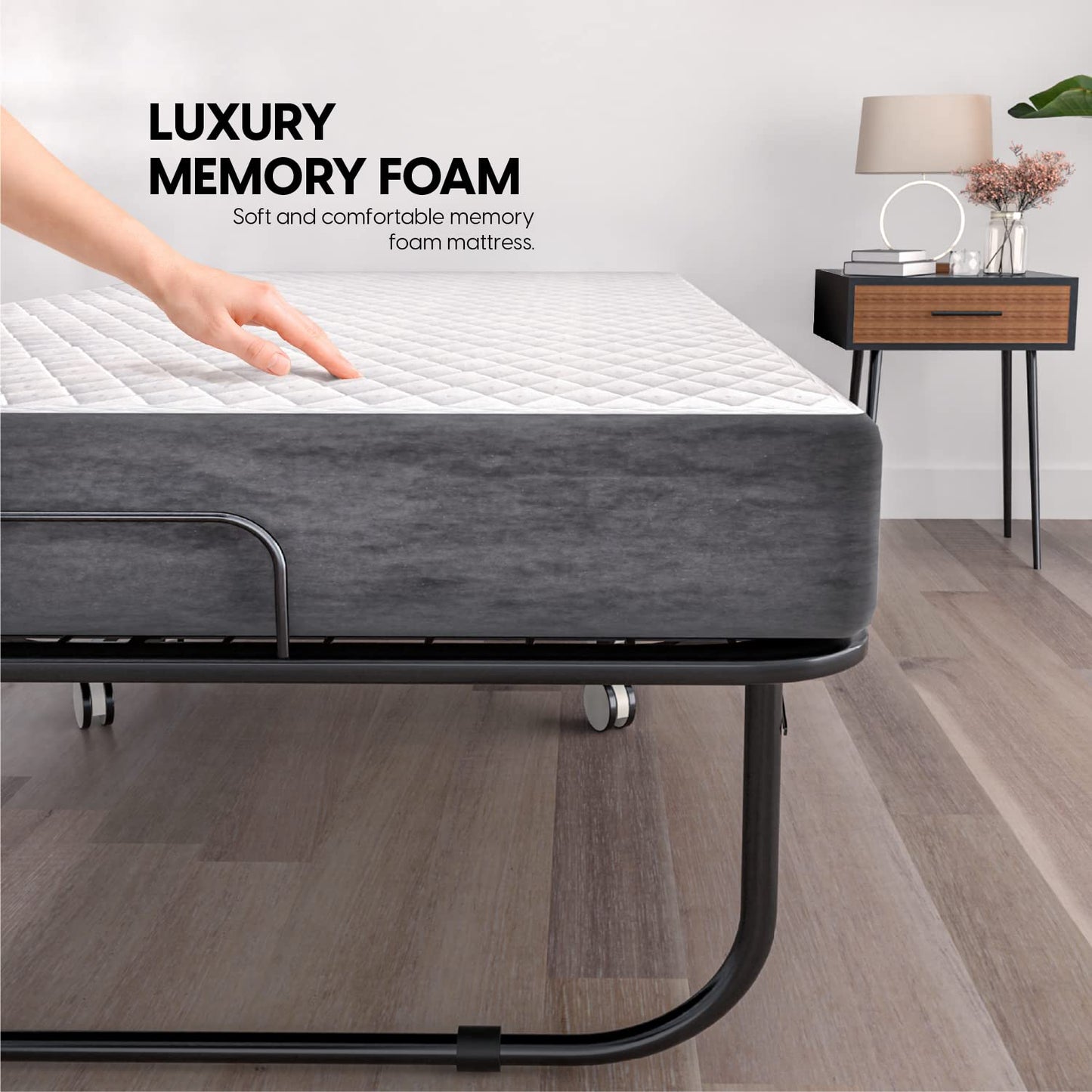 EconoHome Folding Bed with Mattress - 75x31 Cot Size Bed Frame - Portable Foldable Roll Away Adult Bed for Guest - 5-inch Thick Memory Foam Mattress - Space Saving Fold Up Bed for Easy Storage