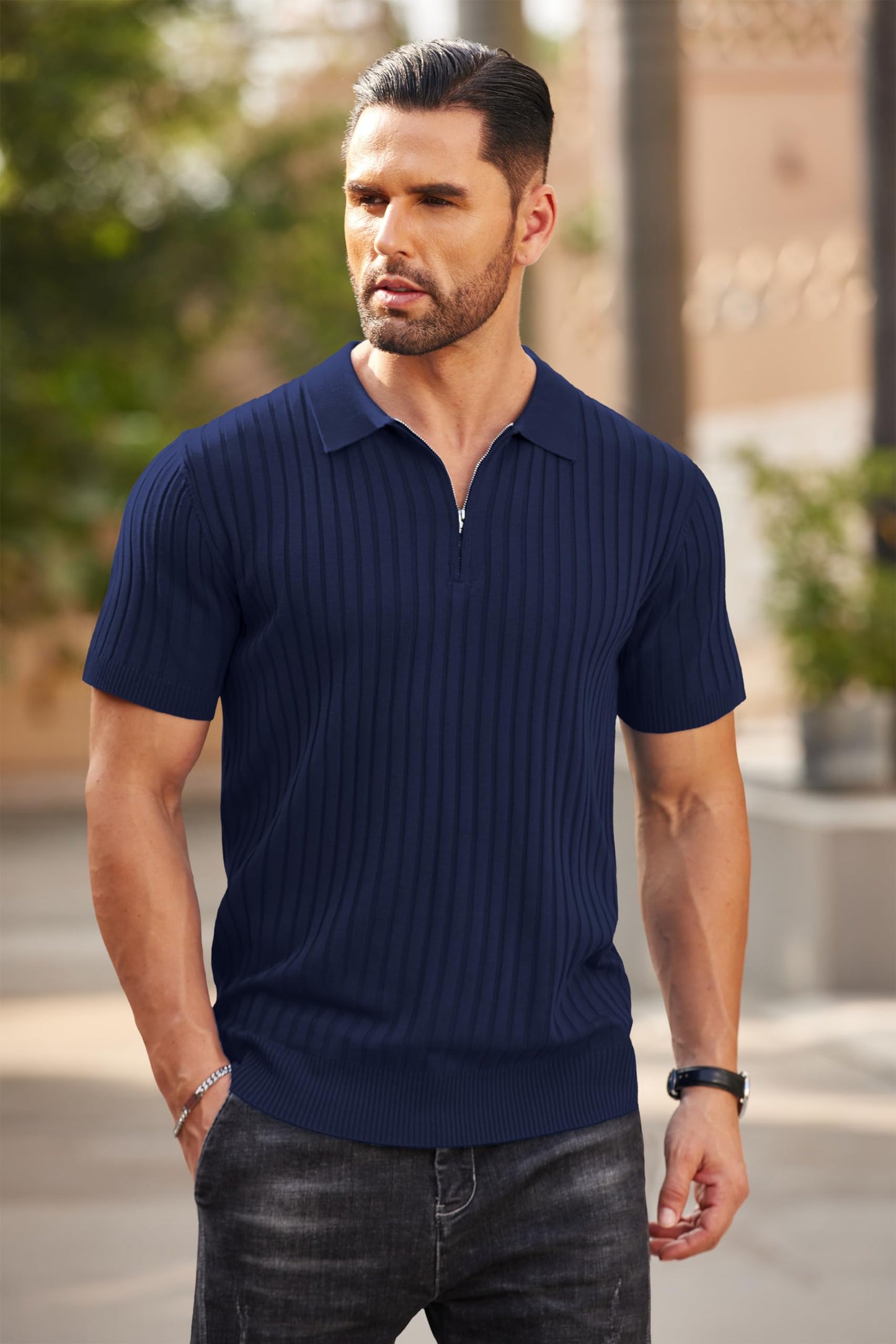 COOFANDY Men's Zipper Polo Shirts Short Sleeve Ribbed Knit Polo T Shirts Fashion Casual Golf Shirts Navy Blue