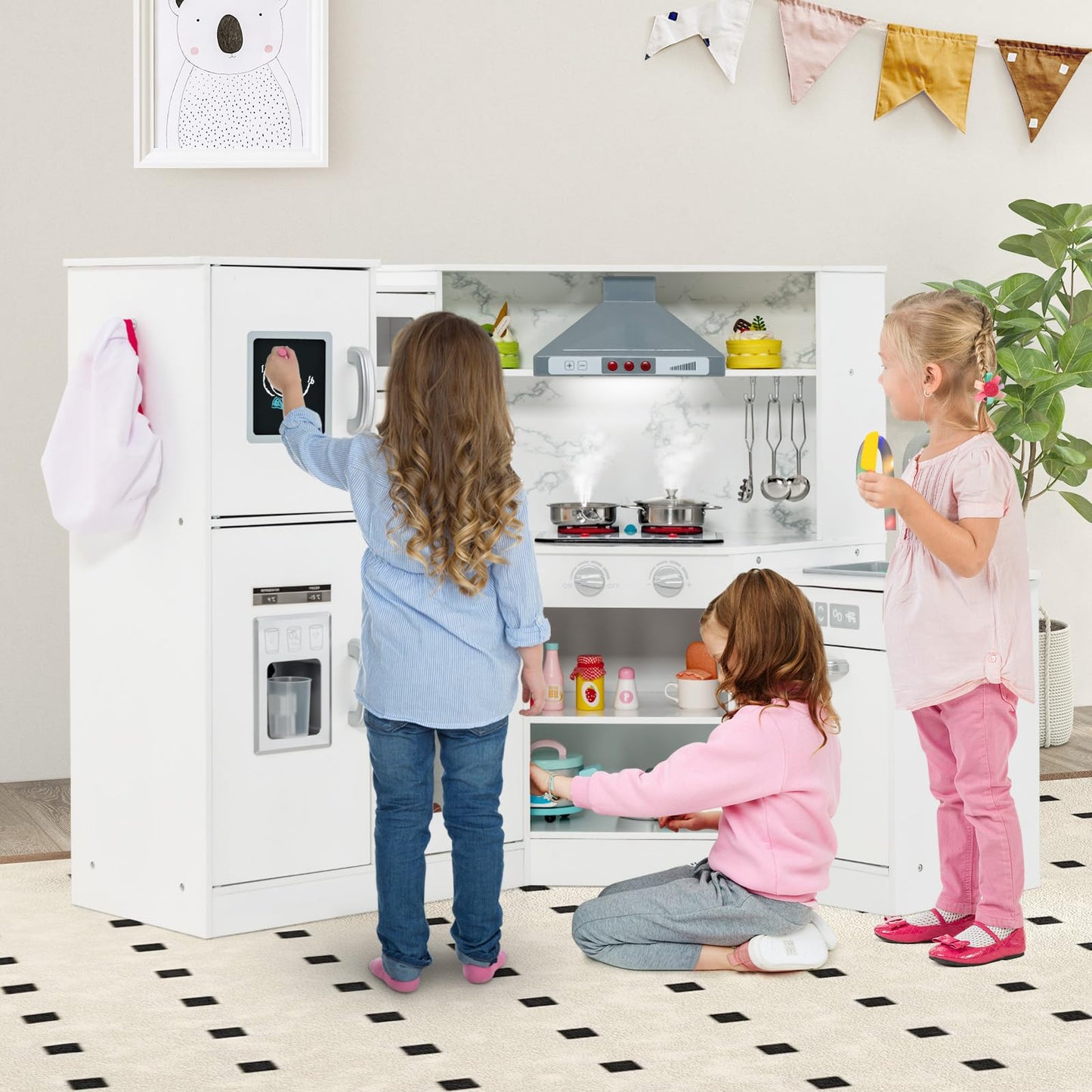 Juego de cocina para niños Costzon Corner, juego de cocina de madera con sonidos y luz reales, agua corriente, lavabo separado, microondas, máquina de hielo, cocina de juguete para niños y niñas de 3 años en adelante