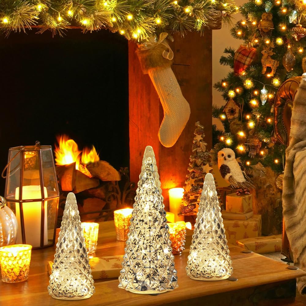 Christmas Decorations Indoor, YEAHOME Set of 3 Pre-lit Gold Glass Christmas Tree for Home Decor, Christmas Table Decorations Lighted Xmas Tree with Timer for Living Room Mantel Tabletop Party