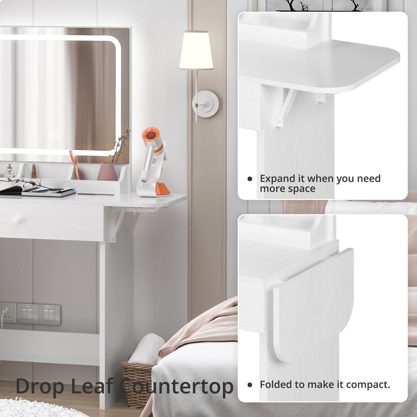 IRONCK Vanity Desk with LED Lighted Mirror & Power Outlet, Makeup Table with Drawers & Cabinet,Storage Stool,for Bedroom, White