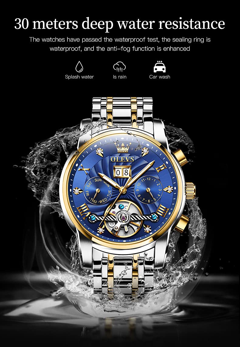 OLEVS Men Automatic Watch Skeleton 5 Hands Mechanical Blue Classic Luxury Multi Calendar Stainless Steel Waterproof Wrist for