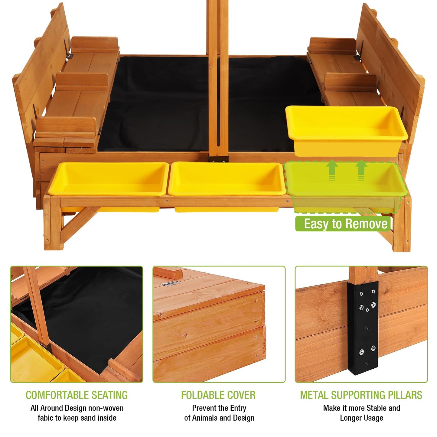 GUTINNEEN - Caja de arena de madera para jardín con tapa, caja de arena para exteriores para niños con 3 contenedores de juguetes