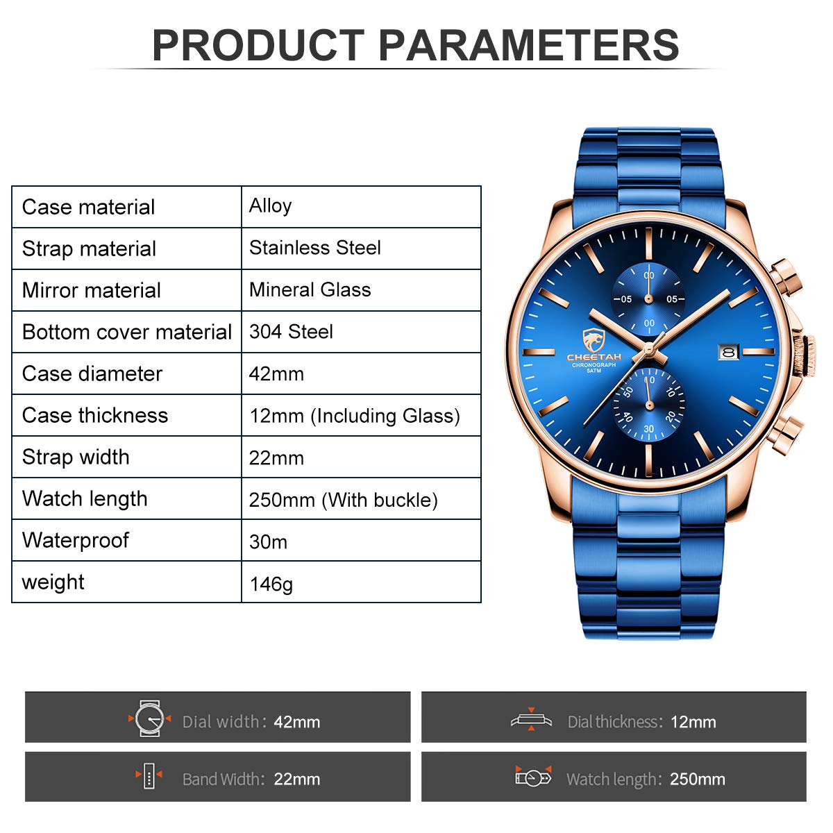 Relojes GOLDEN HOUR para hombre con cronógrafo de cuarzo resistente al agua, informal, de acero inoxidable y metal con revestimiento azul, fecha automática y agujas de oro rosa