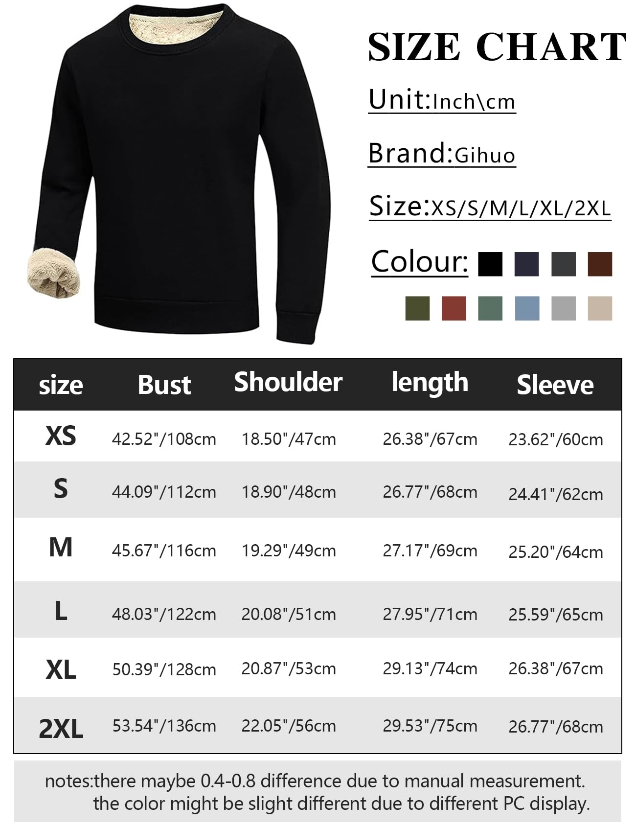 Gihuo Men's Warm Crewneck Sweatshirt Winter Sherpa Lined Fleece Sweatshirt Athletic Pullover Tops Loungewear (Black, L)