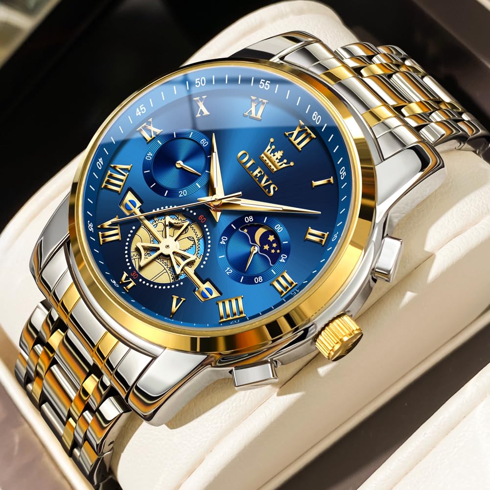 Gold and Blue Mens Watch Chronograph Two Tone Luxury Stainless Steel Multi-Function Big Face Watches for Men Tourbillon Waterproof Dress Quartz Analog Men's Wrist Watch Reloj De Hombre