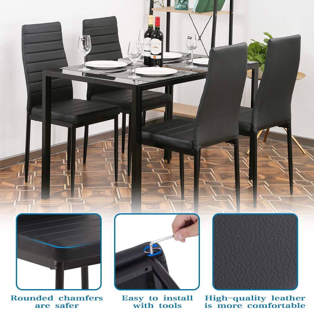 Juego de mesa de comedor FDW, juego de mesa de comedor de vidrio para espacios pequeños, mesa de cocina y sillas para 4, mesa con sillas, muebles para el hogar rectangulares modernos (vidrio negro)