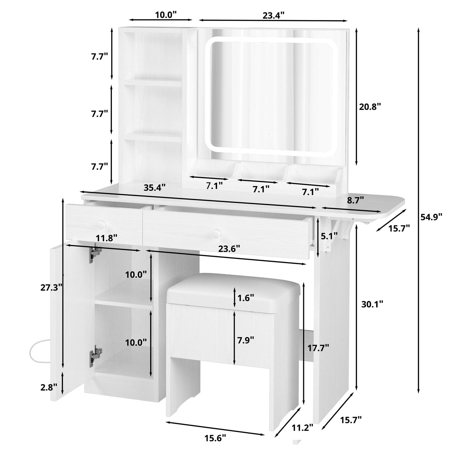 IRONCK Vanity Desk with LED Lighted Mirror & Power Outlet, Makeup Table with Drawers & Cabinet,Storage Stool,for Bedroom, White