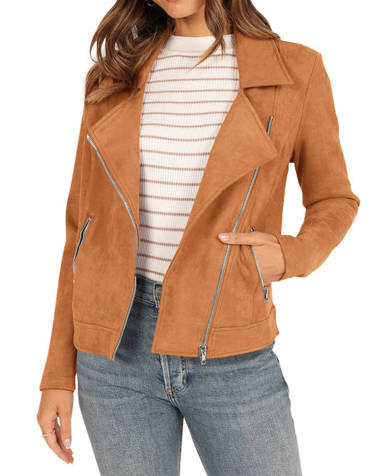 ***KIRUNDO 2024 Fall Trends Women's Casual Open Front Faux Suede Motorcycle Jackets Solid Zipped Notch Lapel Short Coats(Brown, XX-Large)