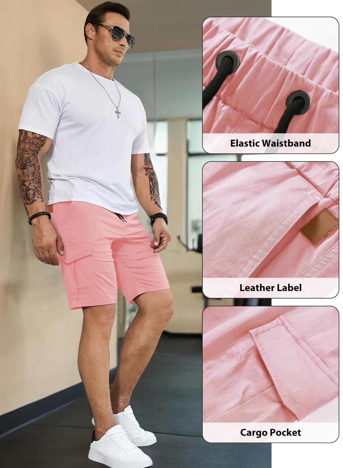 JMIERR Mens Casual Cargo Shorts - Cotton Drawstring Stretch Pink Summer Beach Shorts Twill Chino Short with 6 Pockets for Men,2XL