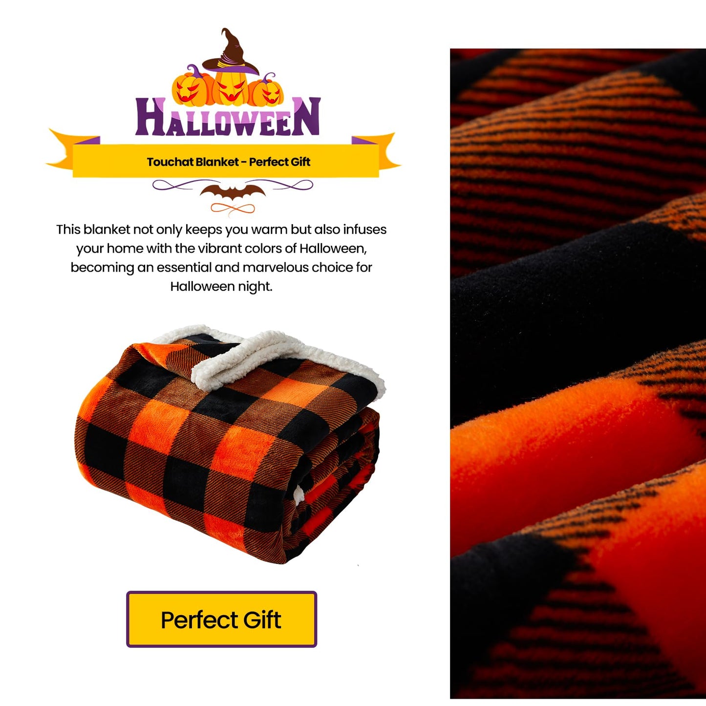 Touchat Sherpa Orange Buffalo Plaid Halloween Twin Blanket, Fall Fuzzy Fluffy Soft Cozy Blanket, Fleece Flannel Plush Microfiber Blanket for Couch Bed Sofa,Halloween Decor(60" X 70")