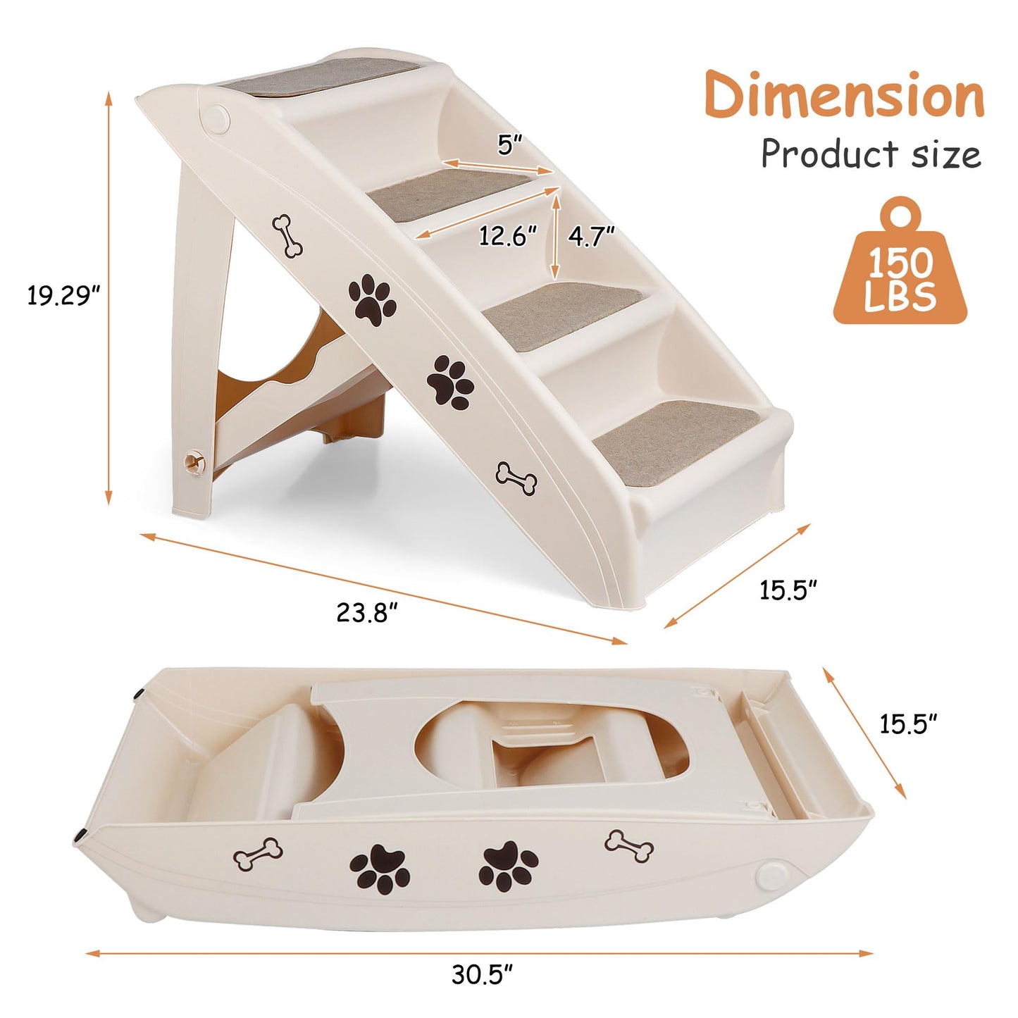 Pet Dog Stairs Foldable Nonslip Dog Steps for Small Pet Dogs Cats at Home and Vehicle Dog Ramp Ladder for High Beds Sofa (Tan)