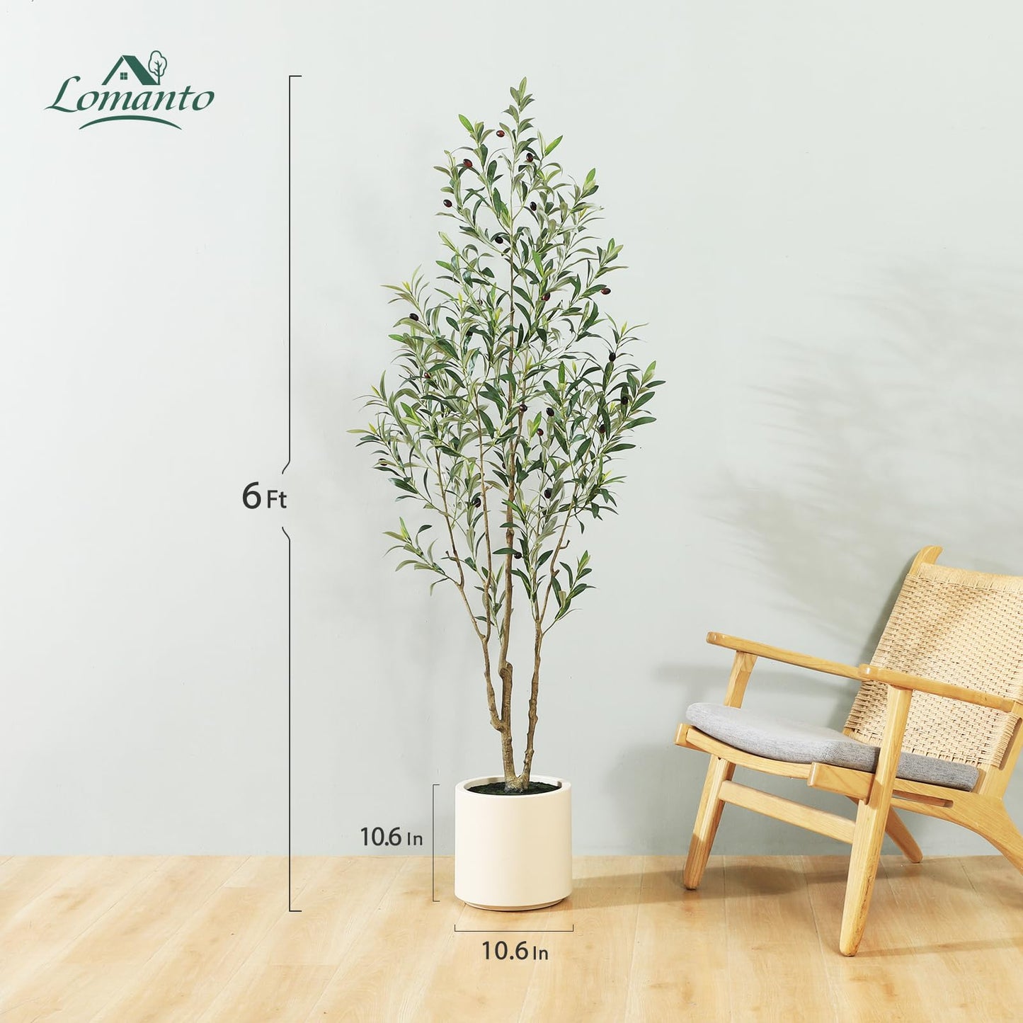 LOMANTO Olivos artificiales, olivos falsos de 6 pies de alto para interiores, árbol de seda de olivo artificial, plantas de olivo grandes con maceta blanca para decoración del hogar y regalo de inauguración de la casa, 1 paquete