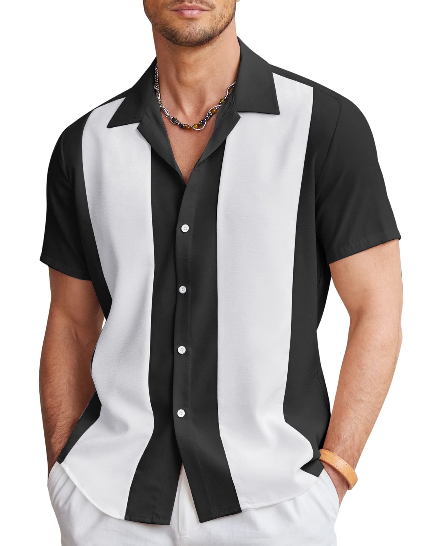 COOFANDY Mens Short Sleeve Shirts Casual Button Up Shirt 50s Style Bowling Shirt Black White