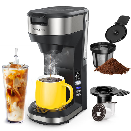 Cafetera Famiworths mejorada para café caliente y frío, para K-Cups y café molido, cafetera de 4 a 5 tazas y cafeteras de una sola porción, con depósito de agua extraíble de 30 oz, tamaño de taza de 6 a 24 oz, color negro clásico