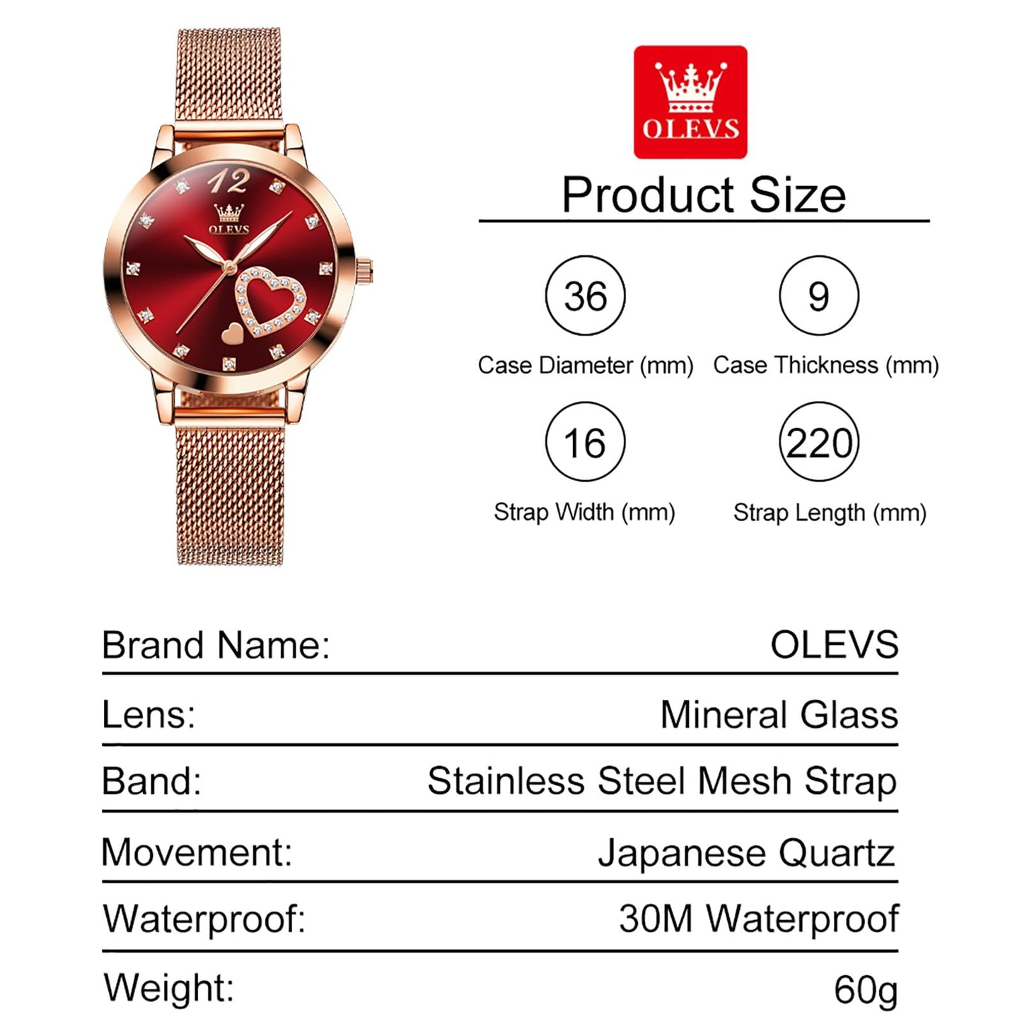 OLEVS Relojes de oro rosa para mujer, relojes de pulsera pequeños con diamantes para mujer, relojes de esfera grande, correa de malla fina de lujo para mujer, relojes analógicos simples con esfera roja para mujer, reloj resistente al agua para mujer