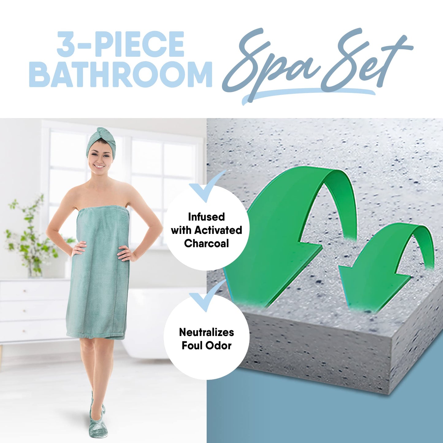 Juego de spa para baño de 3 piezas MICRODRY, incluye toalla para el cabello de microfibra de secado rápido, envoltura corporal y pantuflas de espuma viscoelástica acolchadas SoftLux, color aguamarina