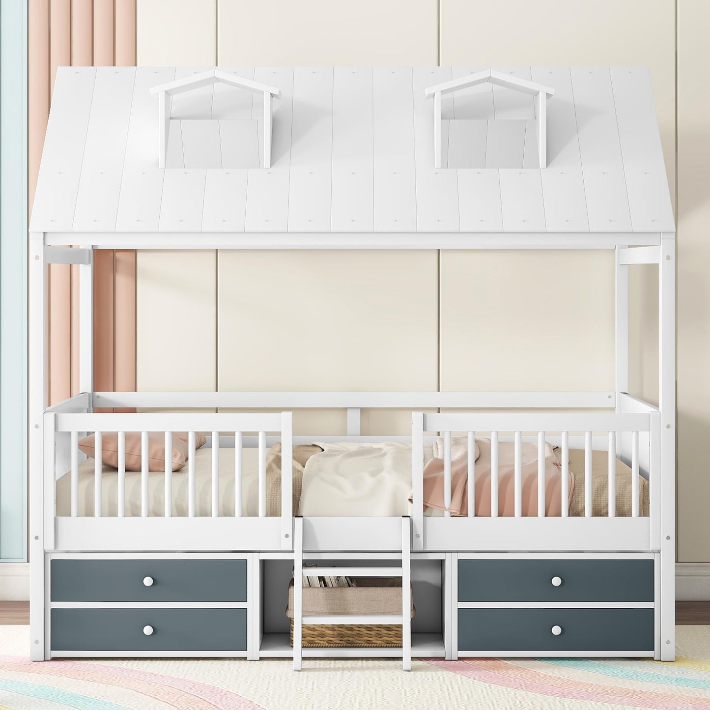 Merax Montessori House Bed Frame with Roof and Windows for Boys Girls Teens, Full Size Kids Playhouse Bed with Guardrails and Storage Drawers for Children's Room, Bedroom, Wood Slats Support, White