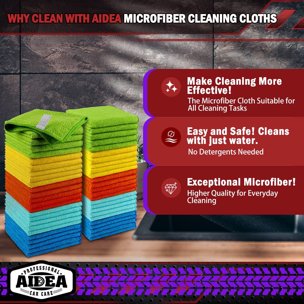 AIDEA Microfiber Cleaning Cloths-50PK, Premium All-Purpose Car Cloth, Dusting Cloth Cleaning Rags, Gift-12×12"