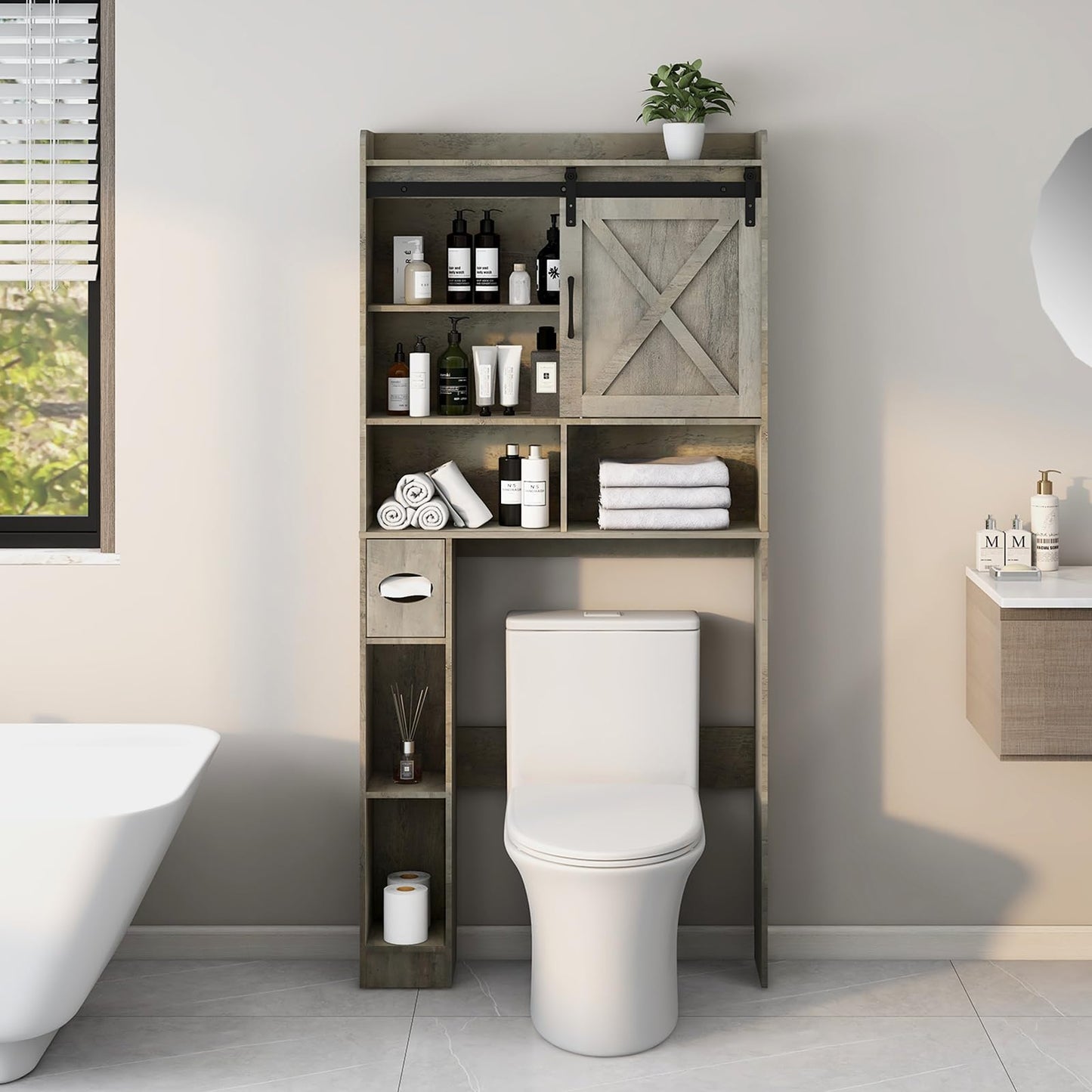 Over The Toilet Storage Cabinet, Farmhouse Storage Cabinet Over Toilet with Sliding Barn Door & Toilet Paper Holder Stand，Home Space-Saving Toilet Rack, for Bathroom, Restroom, Laundry