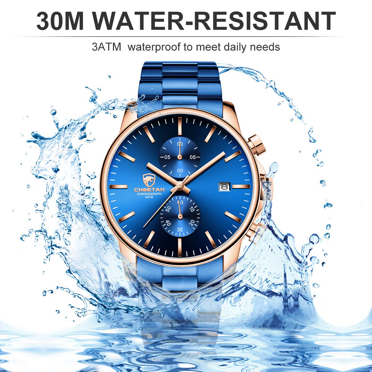 Relojes GOLDEN HOUR para hombre con cronógrafo de cuarzo resistente al agua, informal, de acero inoxidable y metal con revestimiento azul, fecha automática y agujas de oro rosa