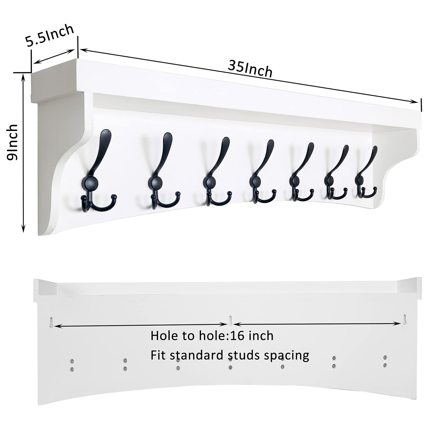 Perchero de pared WEBI con estante, estante blanco de 35'' de largo con ganchos debajo, perchero de pared con estante, llavero para pared, 7 ganchos triples para colgar abrigos, baño, entrada