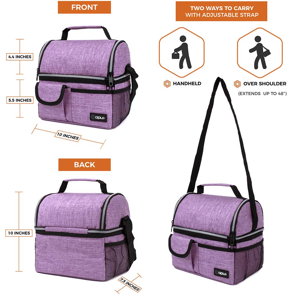 opux Lunch Bag Women Insulated, Adult Lunch Box Cooler, Lunch Box for Men, Dual Compartment Lunchbox for Work, Leakproof Double Decker Lunch Bag, Soft Lunch Pail Tote Girls Boys Kids School, Purple