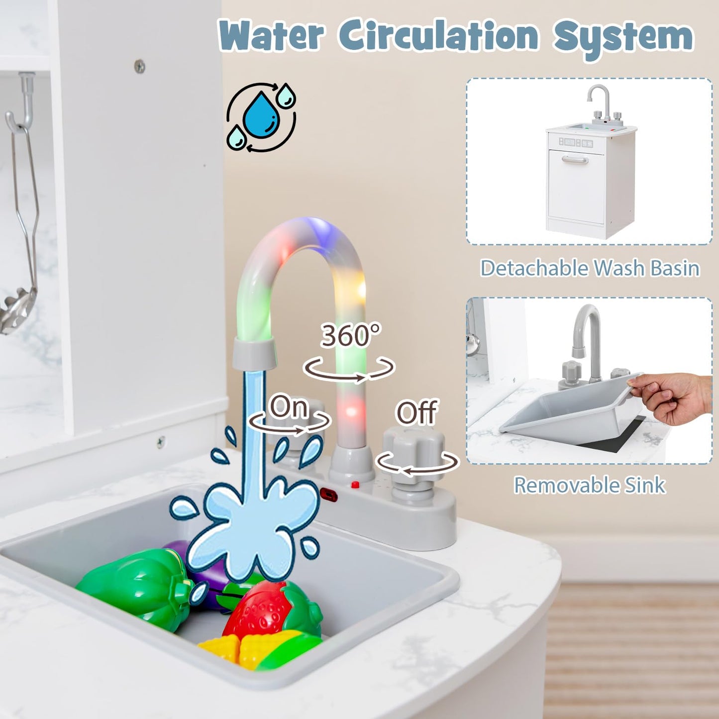 Juego de cocina para niños Costzon Corner, juego de cocina de madera con sonidos y luz reales, agua corriente, lavabo separado, microondas, máquina de hielo, cocina de juguete para niños y niñas de 3 años en adelante