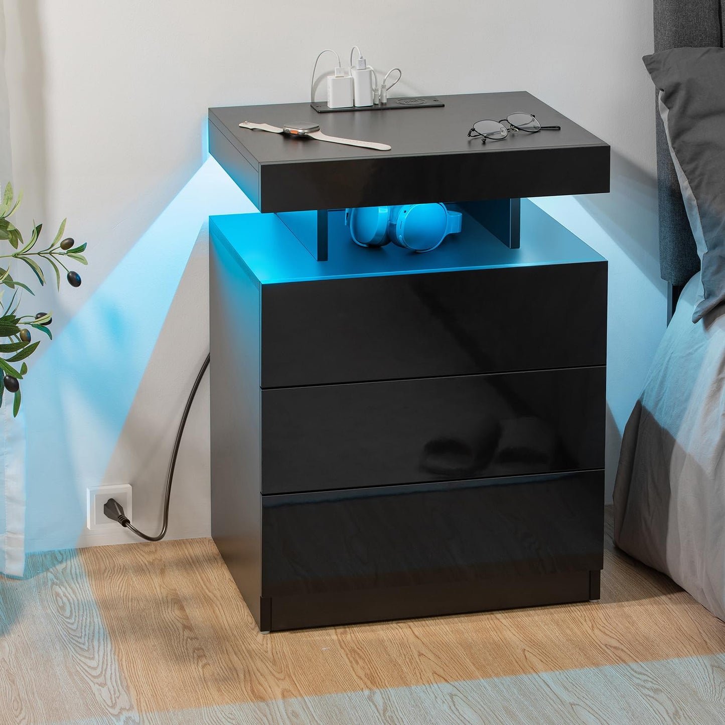 HOMMPA LED Nightstand with Wireless Charging Station 2 Outlets USB Port Type C Black Bedside Table with 3 Drawers Modern Smart LED Nightstand