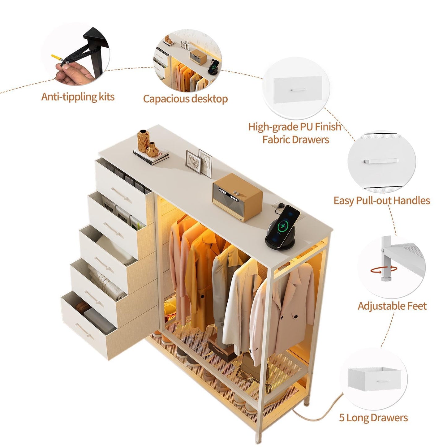 Dresser for Bedroom, Dresser with Hanging Rack Led Lights and Charging Station