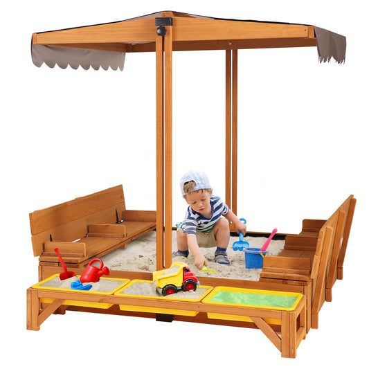 GUTINNEEN Wooden Sandbox Backyard Sand Box with Cover, Outdoor Sandbox for Kids with 3 Toy Bins