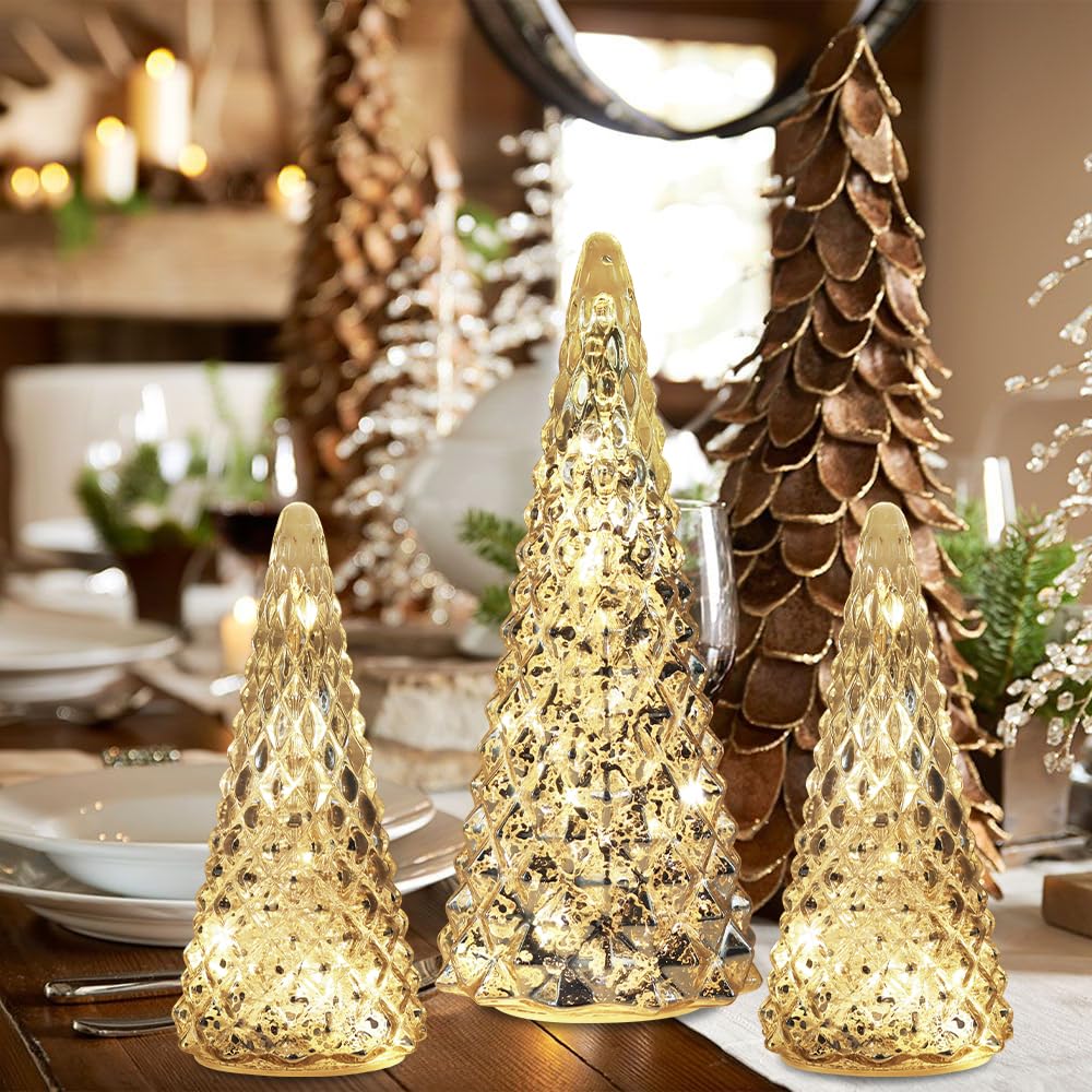 Christmas Decorations Indoor, YEAHOME Set of 3 Pre-lit Gold Glass Christmas Tree for Home Decor, Christmas Table Decorations Lighted Xmas Tree with Timer for Living Room Mantel Tabletop Party