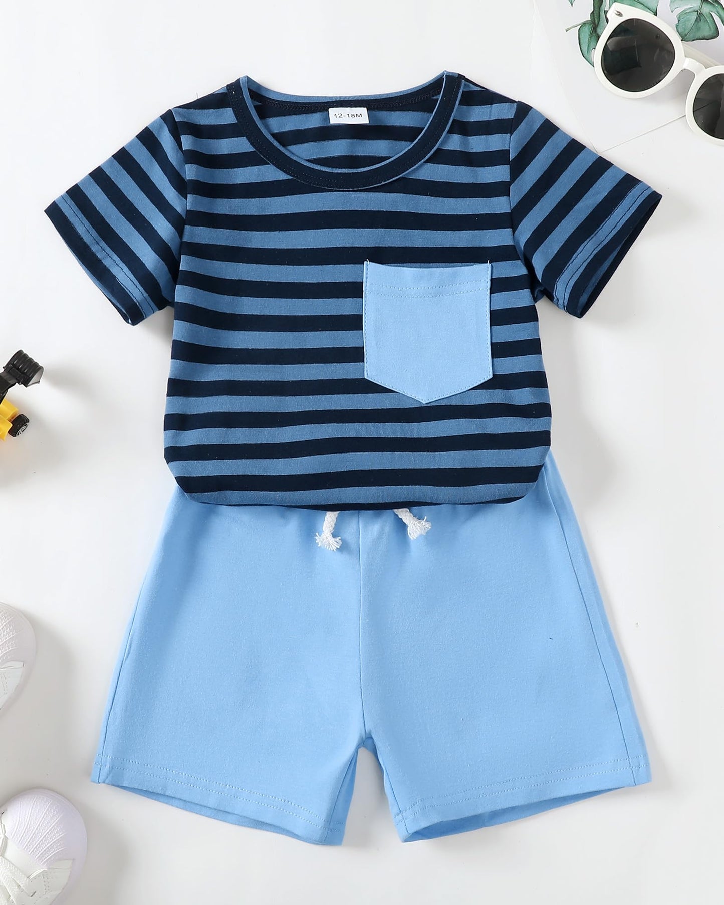 Mioglrie Infant Baby Boy Summer Clothes Sets Outfits Striped Short Sleeve T-Shirt Stretch Casual Shorts Set 12-18 Months