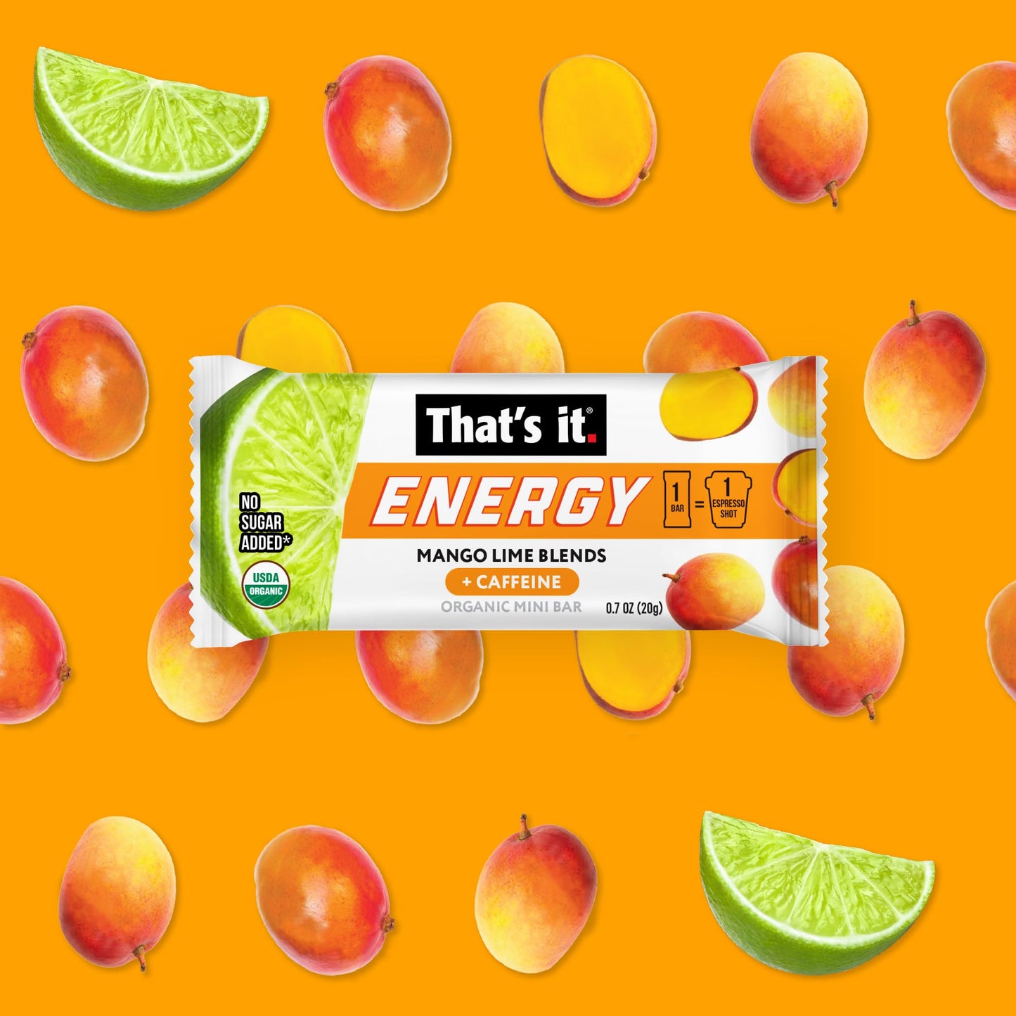 That's it. Mango Lime Caffeine Blends Energy Mini Bars (15 Count) Allergy-Friendly, Nut Free, non-GMO, Fat & Gluten Free Snacks