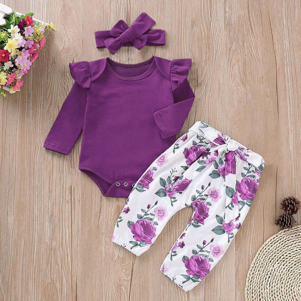 Aoswep Ropa para bebé recién nacido, conjunto de niña pequeña, mono con volantes de manga larga + pantalones florales + conjunto de diadema (6 a 9 meses, morado)