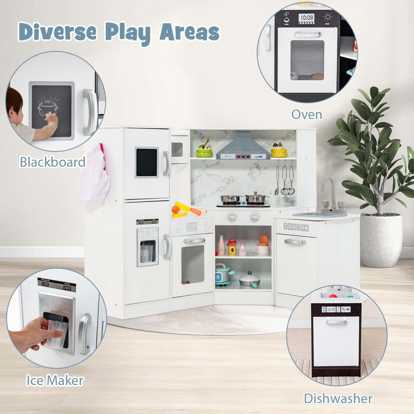 Juego de cocina para niños Costzon Corner, juego de cocina de madera con sonidos y luz reales, agua corriente, lavabo separado, microondas, máquina de hielo, cocina de juguete para niños y niñas de 3 años en adelante