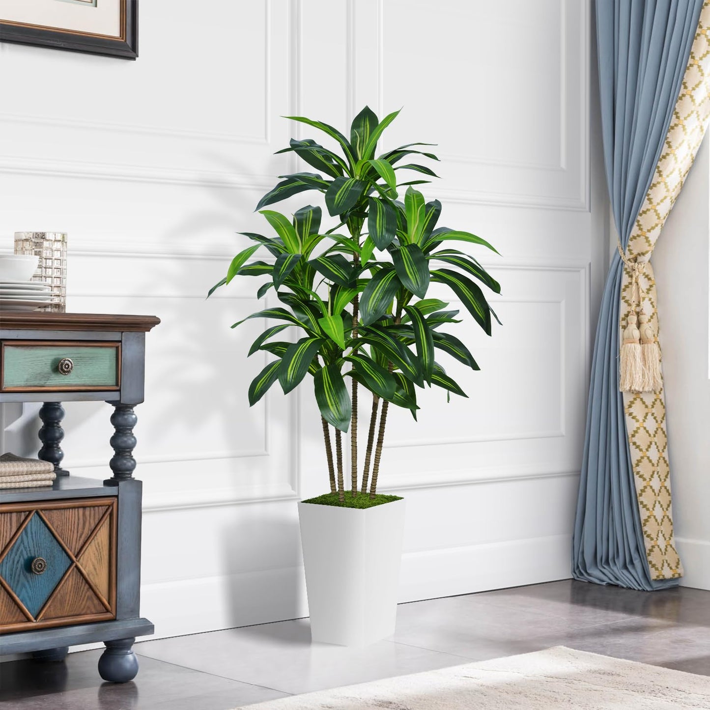 Árbol de dracaena artificial ASTIDY de 5 pies, árbol de imitación con maceta alta blanca, planta de yuca tropical falsa en maceta, árbol de seda artificial para decoración del hogar, la oficina, la sala de estar y el interior