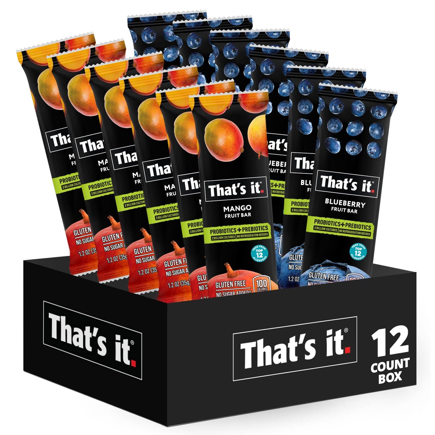 That's it. Probiotic Fruit Bar Variety Pack, Mango & Blueberry Flavors, Just Real Fruit + Probiotics, 100 Calories Per Bar, All Natural, 2-3 Ingredients, Shelf Stable, Allergy-Friendly (12 Count)