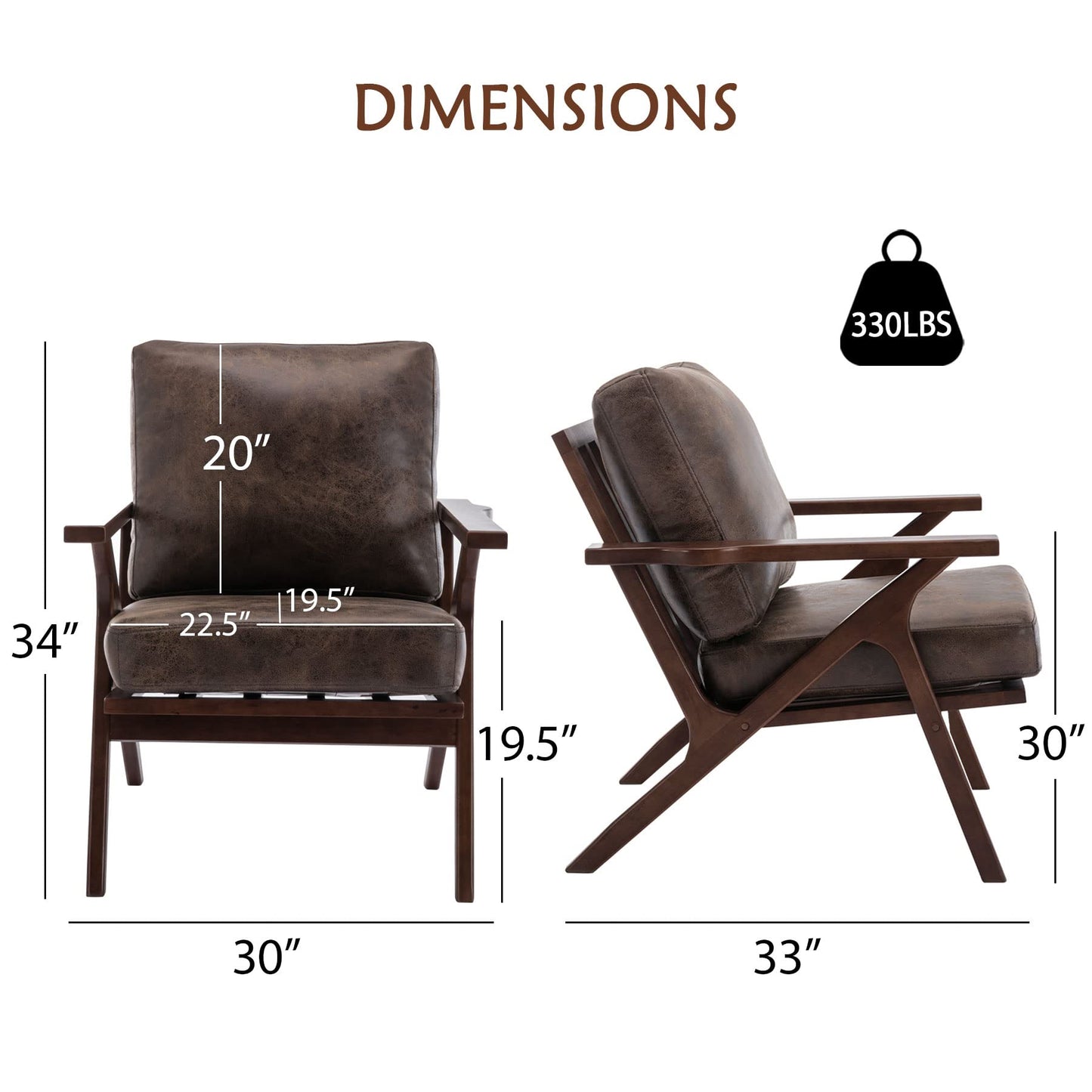 Sillones decorativos Bonzy Home para sala de estar, sillón de lectura de cuero sintético de estilo moderno de mediados de siglo con cojines tapizados extraíbles