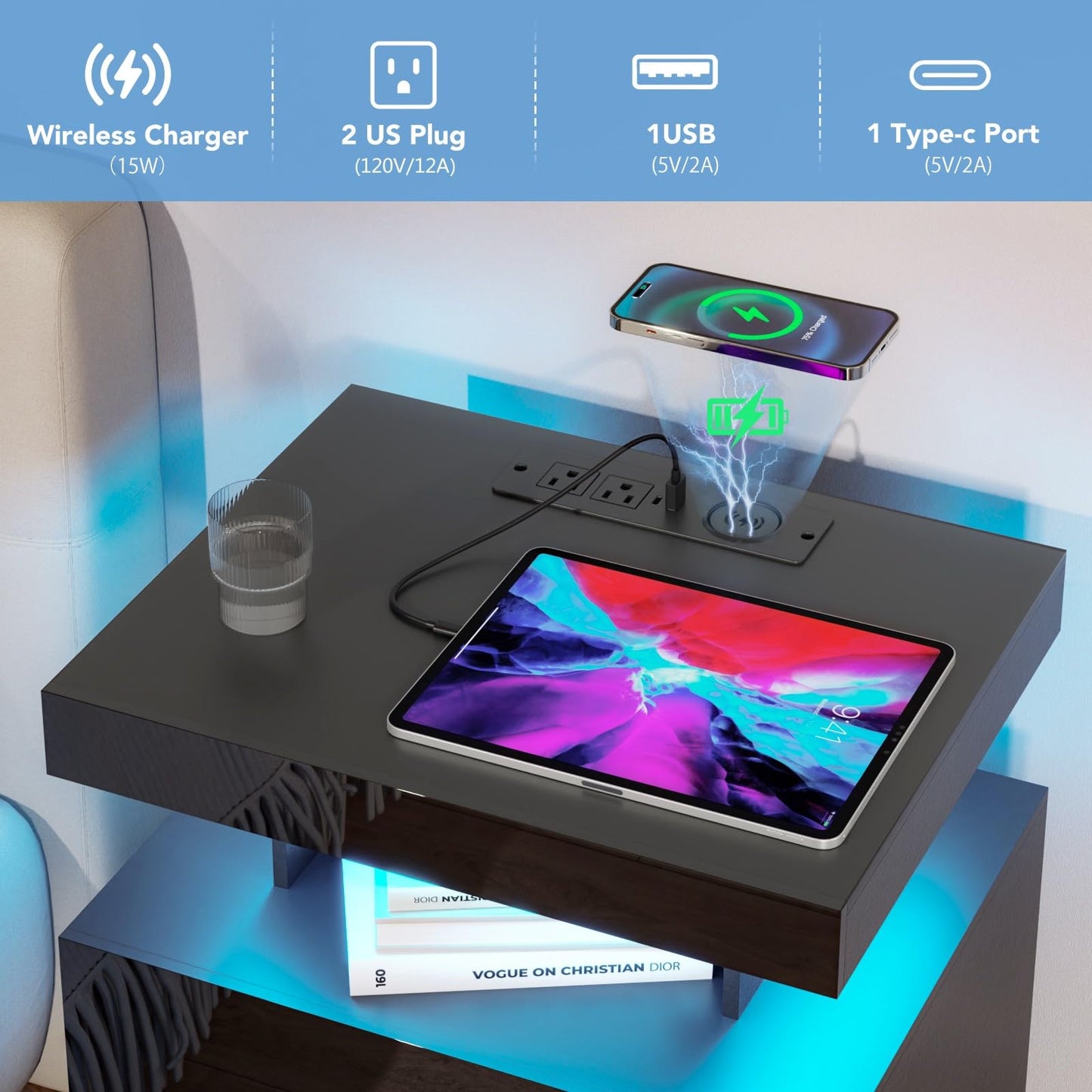 HOMMPA LED Nightstand with Wireless Charging Station 2 Outlets USB Port Type C Black Bedside Table with 3 Drawers Modern Smart LED Nightstand