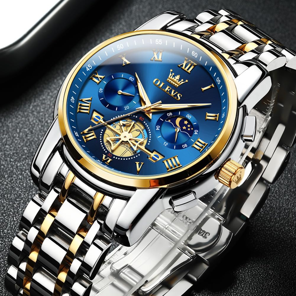 Gold and Blue Mens Watch Chronograph Two Tone Luxury Stainless Steel Multi-Function Big Face Watches for Men Tourbillon Waterproof Dress Quartz Analog Men's Wrist Watch Reloj De Hombre