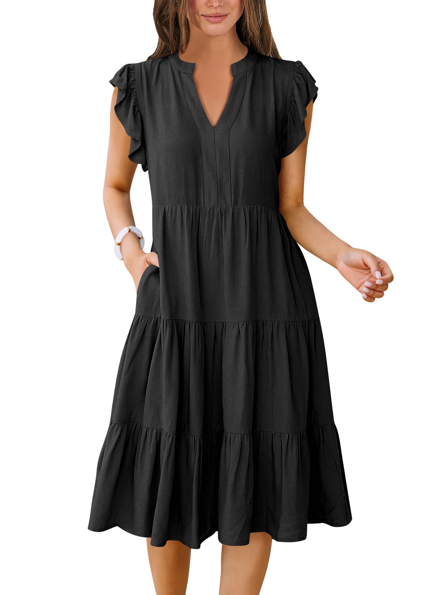 ANRABESS Vestido midi de verano para mujer con cuello en V y mangas con volantes 2024, vestido informal holgado con capas para vacaciones en la playa estilo bohemio, negro-L