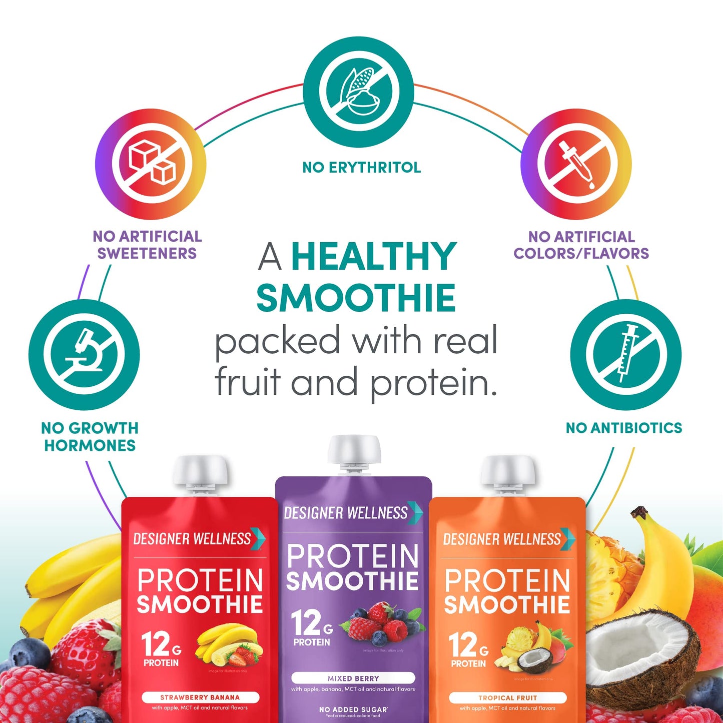 Batido de proteínas Designer Wellness, fruta real, 12 g de proteína, bajo en carbohidratos, cero azúcar añadido, sin gluten, sin OGM, sin colorantes ni sabores artificiales, paquete variado, 12 unidades