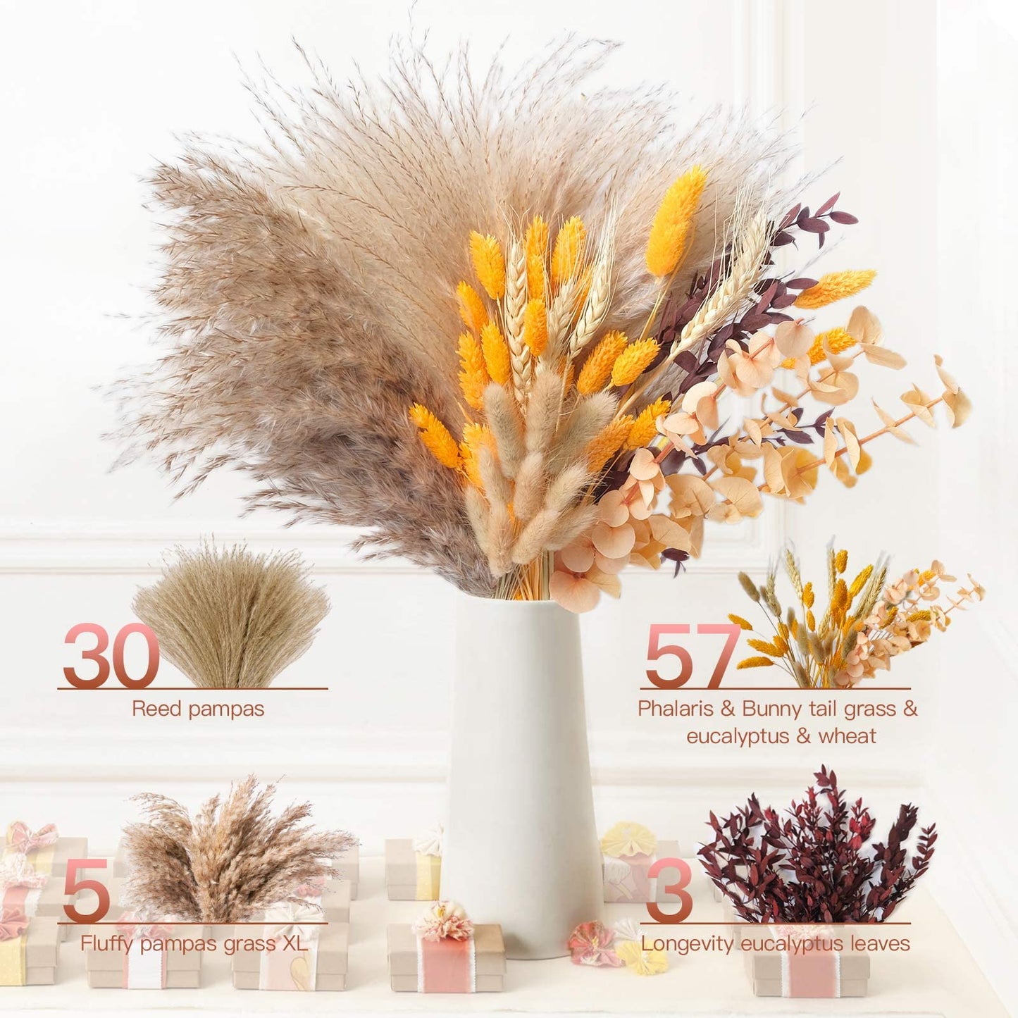 HUMINBO Fall Decor Autumn Decorations for Home Thanksgiving Table Boho Flowers Orange Pampas Grass Fluffy Dried Flower Bouquet Dry Pompas 17"-95-Pcs Pompous (Orange)