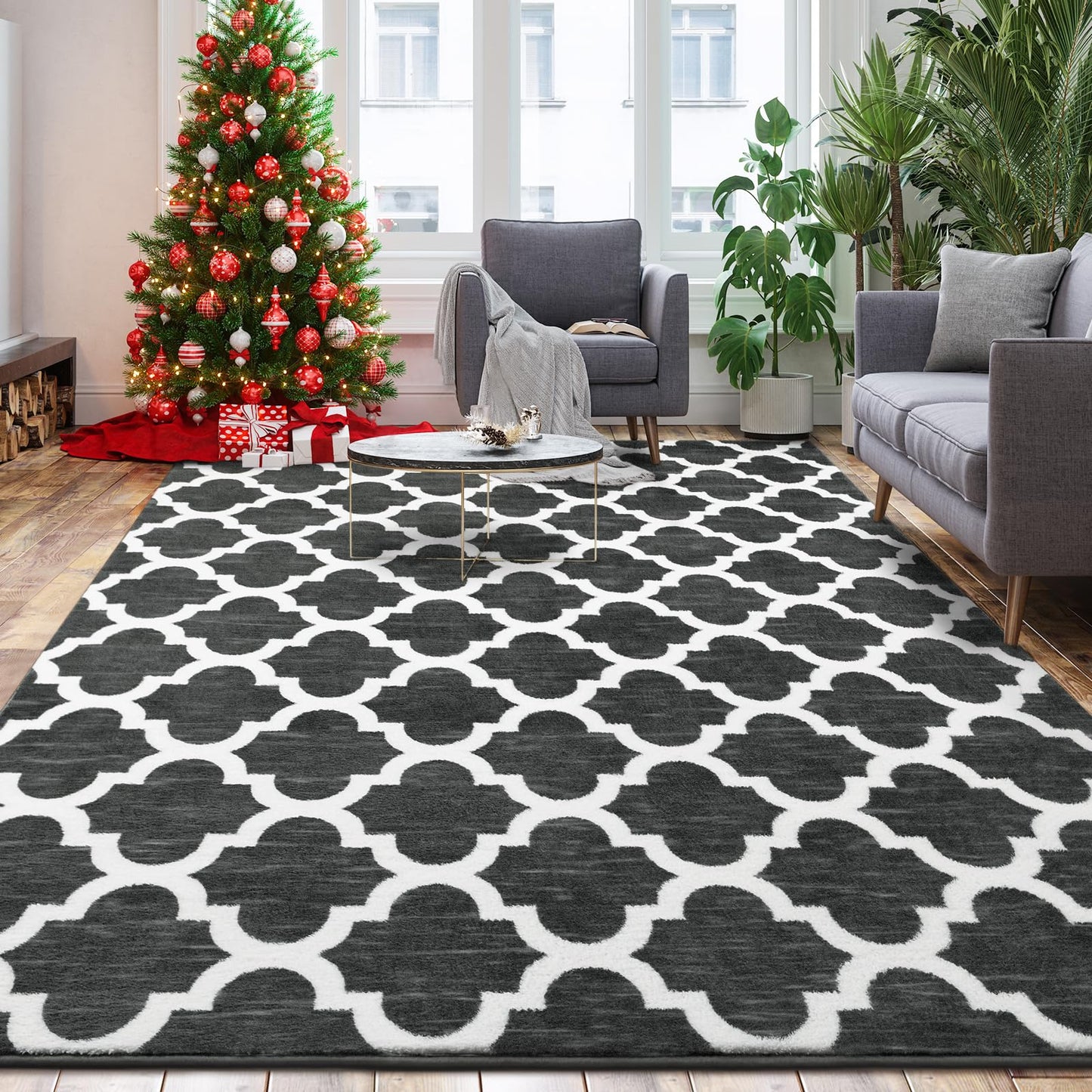 Jelymark Shag Moroccan Area Rug for Living Room, 4x6 Feet Modern Geometric Rug, Fluffy Distressed Faux Wool Floor Carpet, Memory Foam Rug for Bedroom Nursery Kids Room Home Decor, Dark Grey/White