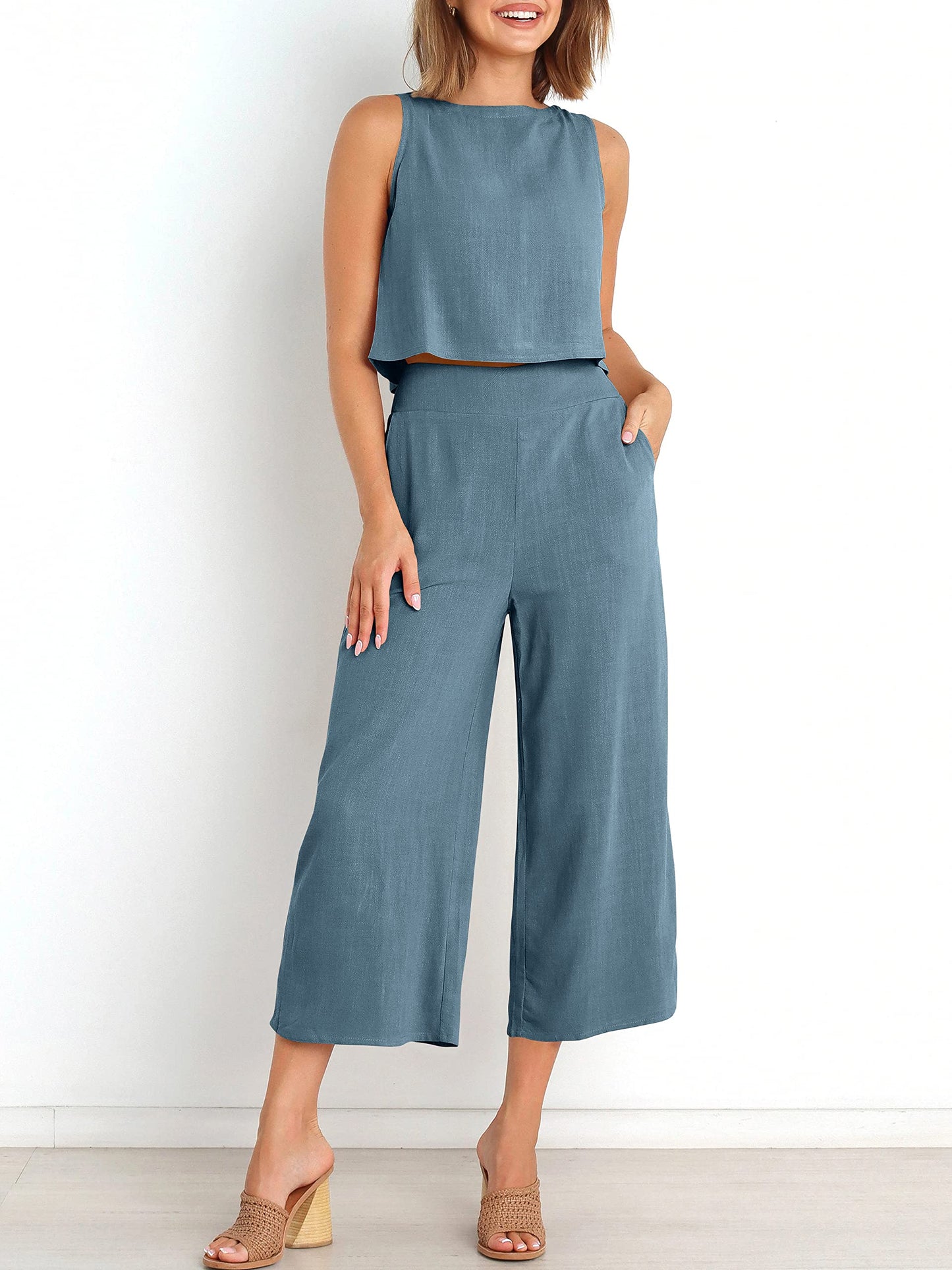 ANRABESS Conjuntos de 2 piezas de verano para mujer, top corto sin mangas, pantalones capri de pierna ancha, mono, conjuntos casuales de lino para estar en casa, ropa de playa, viajes, 2024, ropa de moda, gris, azul, pequeño